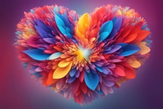 Heart of multicolor petals in heart shape, background soft and blurred with gradient