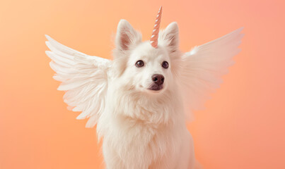 white eskimo dog with unicorn horn and wings on orange background - obrazy, fototapety, plakaty