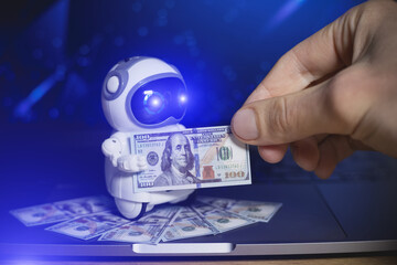 Real robot give dollars money for people. Salary concept. Modern digital technology concept....