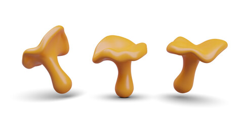 Collection of yellow mushrooms in different positions. Autumn season forest plants, decorations. Botanical concept. Vector illustration in 3d style with shadow
