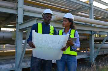 Male and female engineers check the drawing system inspection with the real pipe system of the new...