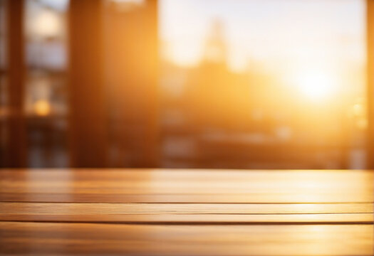 Wooden table with blurred view background. Golden hour bokeh background.