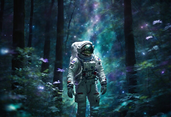 an astronaut in the middle of fantasy forest with lights of fireflies, glowing butterfly and moon light