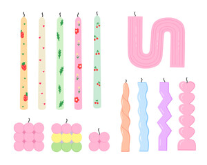 big candle set. Wax and paraffin aroma candles set. Trendy decor for home interior. Spa, aromatherapy, relaxation. Vector Illustration for backgrounds and packaging. Isolated on white background.