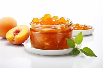 Delicious homemade apricot jam in glass jar on white background with ample copy space for text