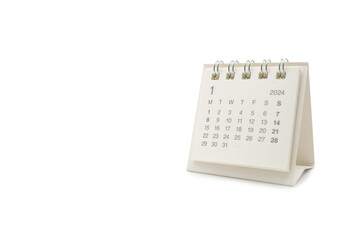 Simple desk calendar for January 2024 isolated on white background. Calendar concept with copy space. Clipping path.