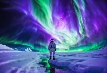 Schilderijen op glas an astronaut watching the northern lights dancing © Enka