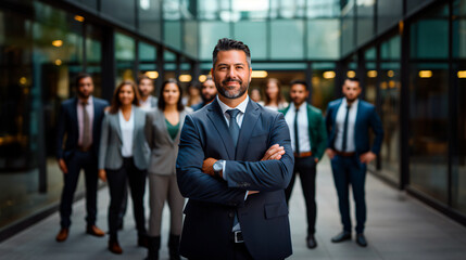 latin business man in suit with blurred team people in office 
