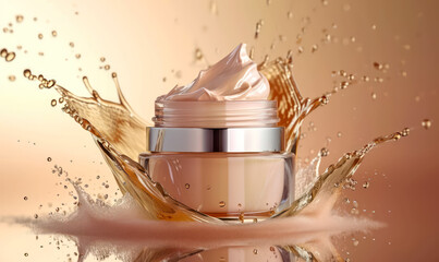 luxurious facial cream in glass jar with dynamic splash