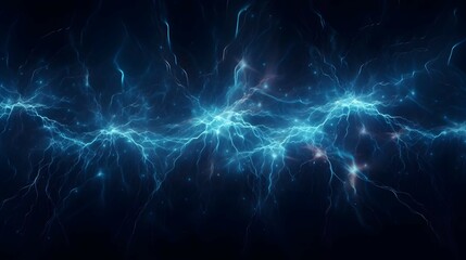 Seamless dark blue background with electric glowing lightning flares effect. Tileable magical neon...
