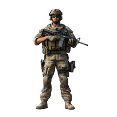 Fototapeta premium Fully Geared Soldier Holding Rifle on Transparent Background