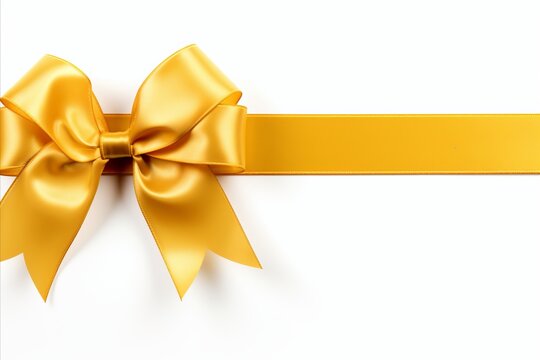 Golden ribbon bow with long straight ribbon for banner, isolated on white background with copy space
