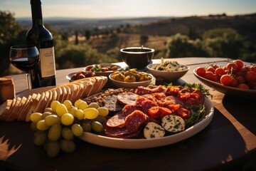 Antipasto in a wine tasting in a winery of Sicily, with Palmeiras in sight., generative IA