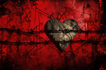 Grunge heart with barbed wire background. Generative Ai - obrazy, fototapety, plakaty