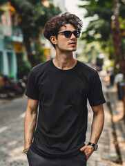 A young man fashion style wearing empty black t-shirt mockup on outside background.