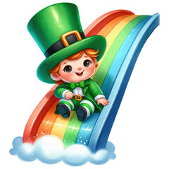 Leprechaun in St Patrick costume riding a rainbow slide