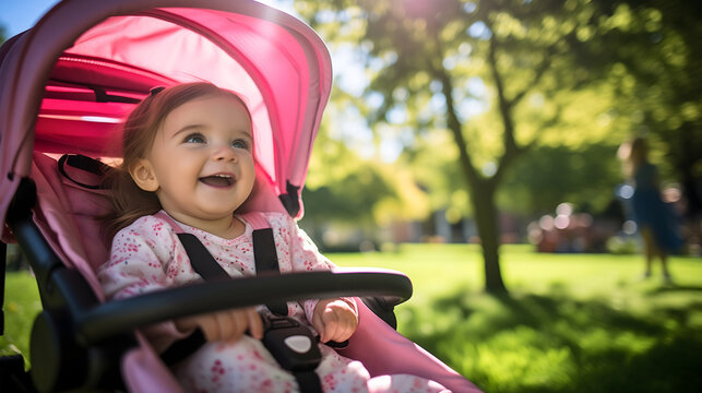 Cute toddler newborn, female girl child or kid smiling in the stroller baby carriage, in sunny nature park in a pram pushchair outdoors. Summer or spring season, infant in pink perambulator