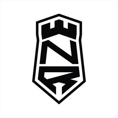 NR Letter Logo monogram hexagon shield shape up and down with crown castle isolated style design