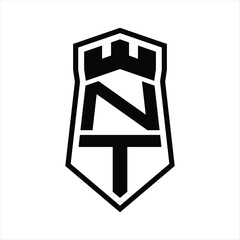 NT Letter Logo monogram hexagon shield shape up and down with crown castle isolated style design