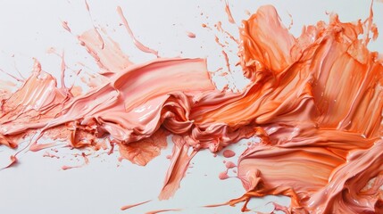A dynamic splash of pink and orange paint, artistically smeared across a white background
