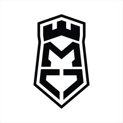MO Letter Logo monogram hexagon shield shape up and down with crown castle isolated style design