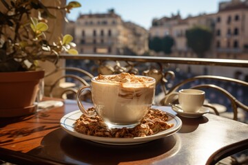 Cappuccino and Cannoli in a coffee overlooking Fontana Di Trevi, with tourists playing coins., generative IA - obrazy, fototapety, plakaty