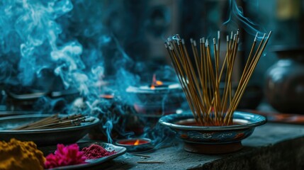 A picture of incense sticks placed in a bowl, surrounded by various bowls of incense. This image can be used to depict relaxation, meditation, aromatherapy, or spiritual practices