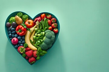 Heartfelt nutrition. Assortment of fresh organic fruits and vegetables arranged in shape of heart promoting healthy lifestyle and nutrient rich diet for wellness enthusiasts