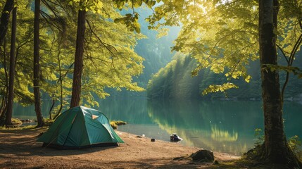Camping green tent in forest near lake  - obrazy, fototapety, plakaty