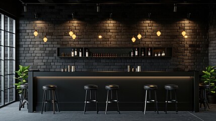 Creative black brick pub or bar interior with copy space on wall 