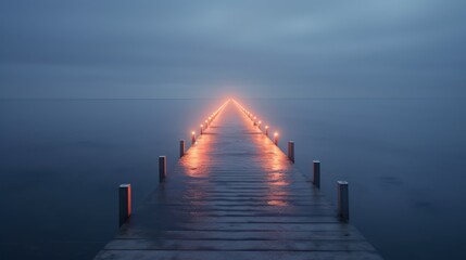 Long illuminated pier in the evening twilight. Generative AI