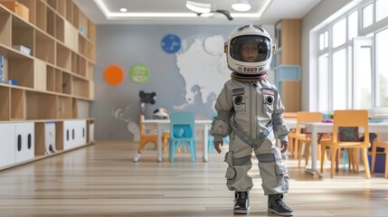 Obraz premium A child in an astronaut costume stands in a classroom with educational decorations and children's furniture in the background