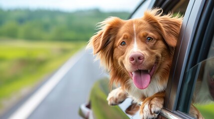 Dog travel by car. Nova Scotia Duck Tolling Retriever enjoying road trip 