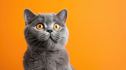 funny british shorthair cat portrait looking shocked or surprised on orange background with copy space