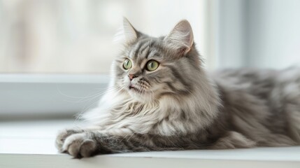 Fototapeta premium Funny large longhair gray kitten with beautiful big green eyes lying on white table. Lovely fluffy cat licking lips. Free space for text 