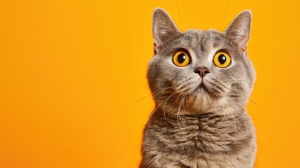 funny british shorthair cat portrait looking shocked or surprised on orange background with copy space