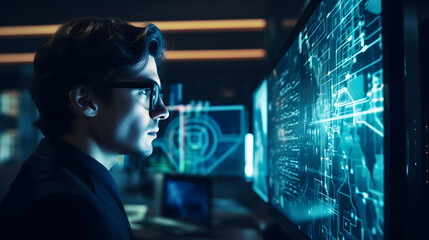 Handsome man with glasses, male looking at the business schemes on the digital screen or hologram display in modern office interior at night. Infographics and analytics, algorithm layout, blue map