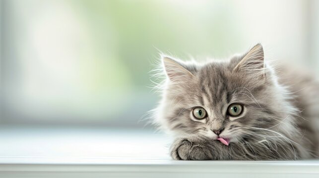Funny large longhair gray kitten with beautiful big green eyes lying on white table. Lovely fluffy cat licking lips. Free space for text 