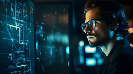 Handsome man with glasses, male looking at the business schemes on the digital screen or hologram display in modern office interior at night. Infographics and analytics, algorithm layout, blue map