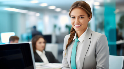 Fototapeta premium Beautiful young businesswoman wearing an elegant gray suit with white shirt and a green tie, sitting in a modern office interior corporate workspace or workplace, smiling and looking at the camera