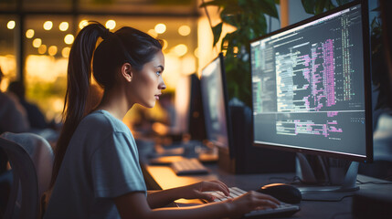 Young girl, beautiful lady working on a computer late at night in the dark, looking at the pc monitor screen display, coding professional, programming occupation, home office, evening project