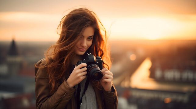 Young attractive woman smiling and holding a black camera device, taking a photo or a picture of a town or city buildings at the summer sunset. Female professional photographer work, tourist travel