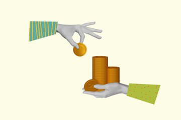 Photo template collage of counting dollar coins collect budget golden tokens big money from investors isolated on gray color background