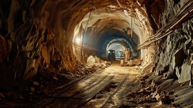 Deep tunnel with a large truck carrying rock for mining