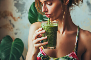 A refreshing moment captured as a woman enjoys a green smoothie after her morning yoga practice - obrazy, fototapety, plakaty
