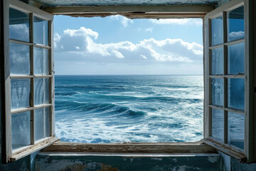 A peaceful window view capturing the boundless sea, where the azure waves blend harmoniously with the sky