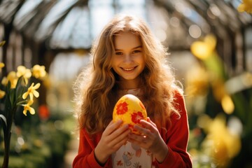 Girl holding a decorated Easter egg outside