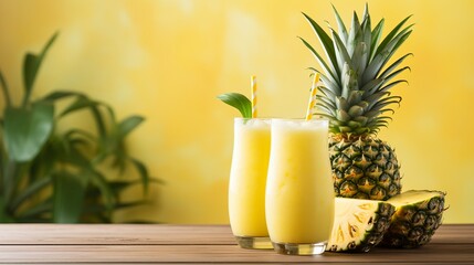 Refreshing pineapple juice in glass on wooden table, isolated on soft yellow background