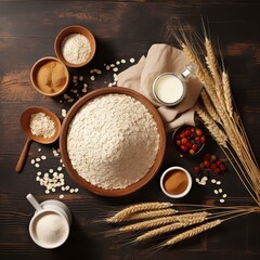 Fototapeta na wymiar Oat products from flakes milk flour, Generative AI