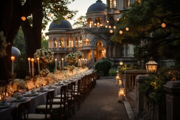 Fettuccine Alfredo in a luxurious wedding in an Italian castle with magnificent gardens., generative IA